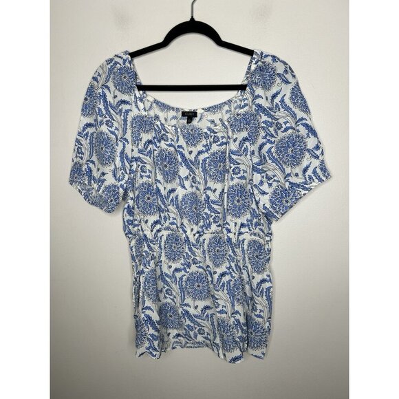 Talbots Tops - Talbots Womens Tunic Top Blue White Floral Short Sleeve Boho Blouse Size Large